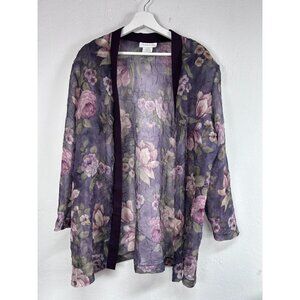 Pride & Joy Womens Floral Purple Sheer Open Front Cardigan Jacket Size 16W